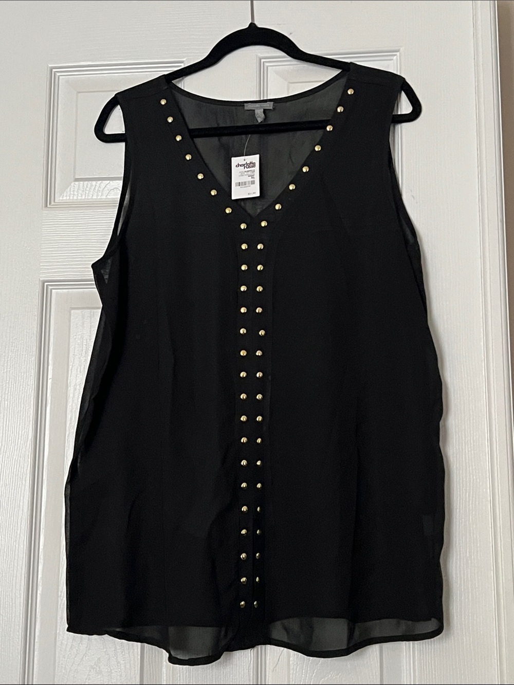Sheer Sleeveless Black Stud-Trim V-Neck Top